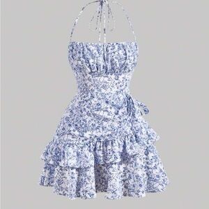 *NEW WITH TAGS* Floral Blue Halter Dress